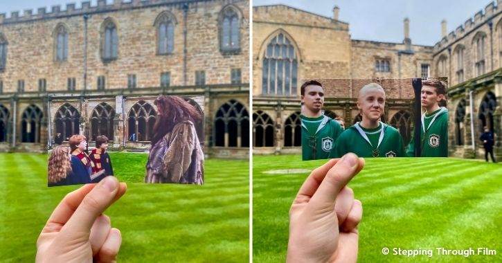 man holding up photos of harry potter film on top of background of Durham Cathedral used as a filming location.